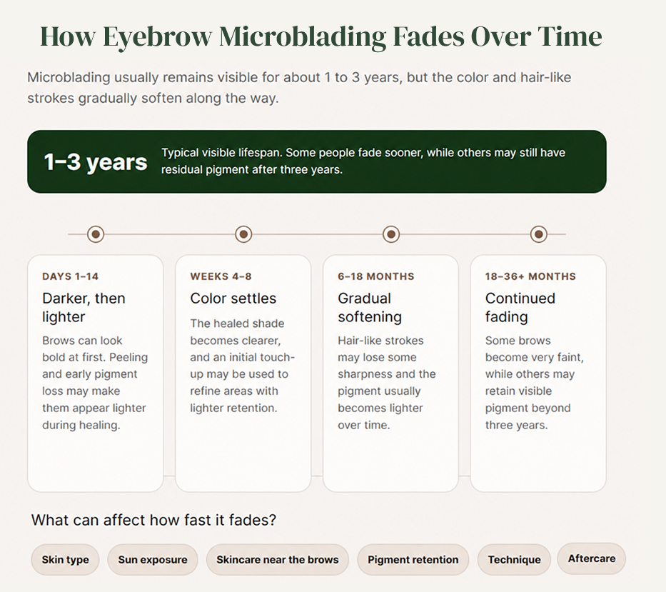 Timeline showing how eyebrow microblading fades from initial healing through 36+ months, with factors affecting pigment retention.