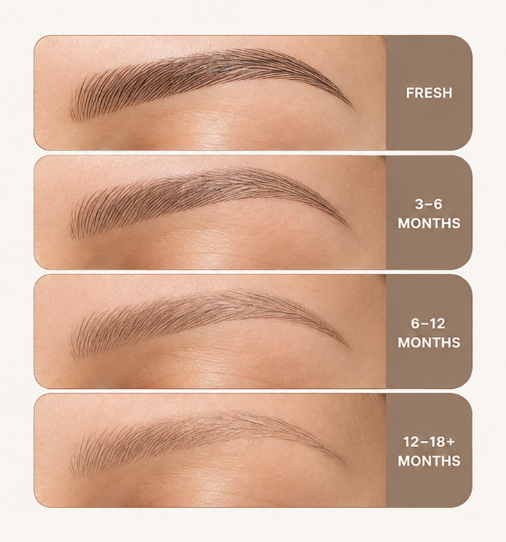 Eyebrow microblading fading timeline showing changes from fresh results through 3–6, 6–12, and 12–18+ months.